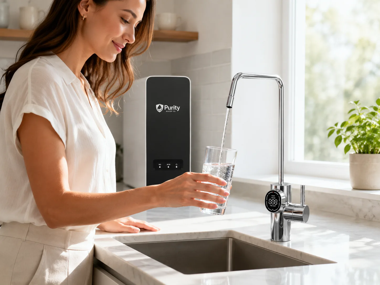 Woman filling a glass from a dedicated reverse osmosis drinking water faucet in a bright kitchen