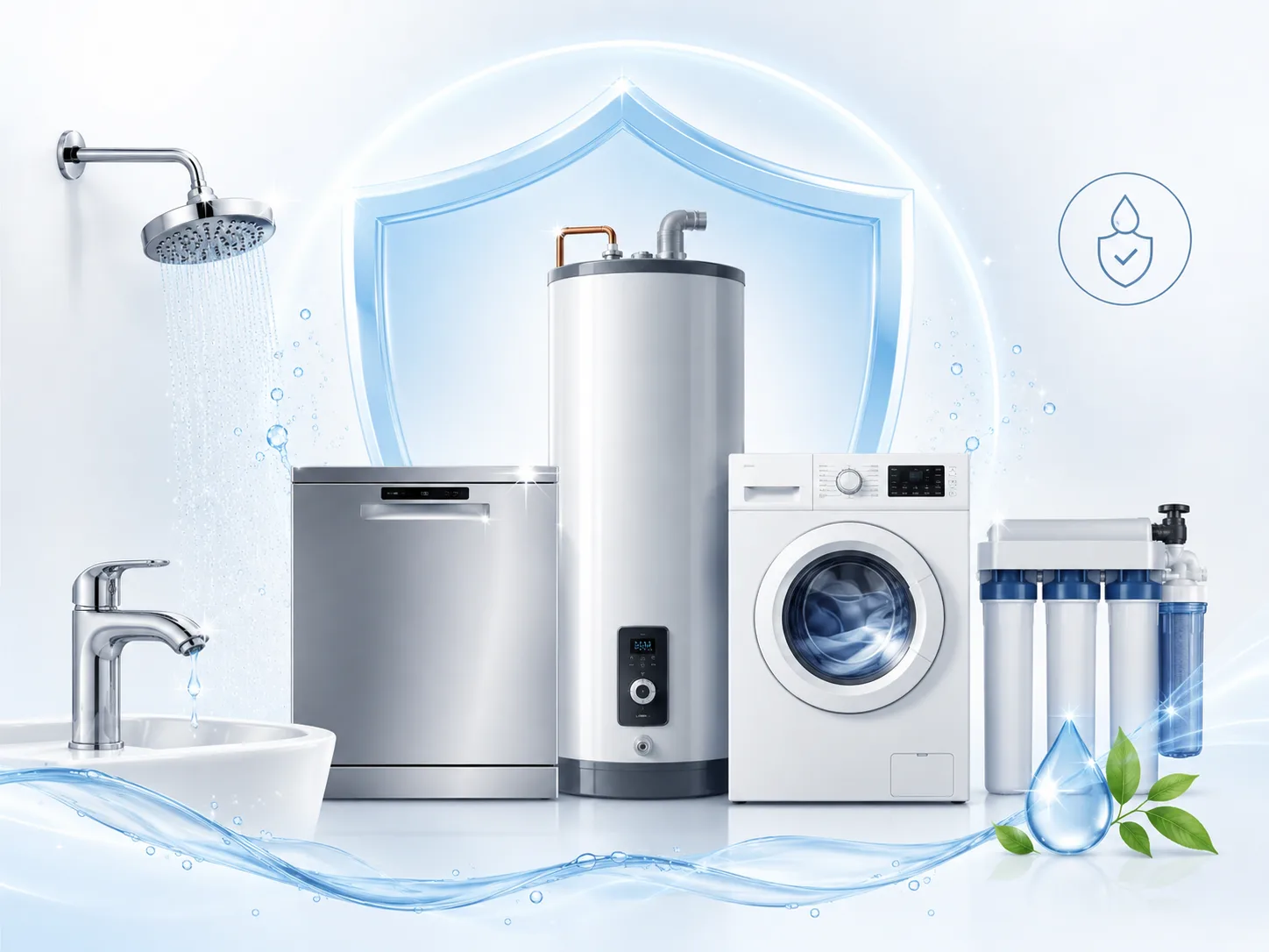 Home water appliances including water heater, dishwasher, washing machine, fixtures, and filtration equipment