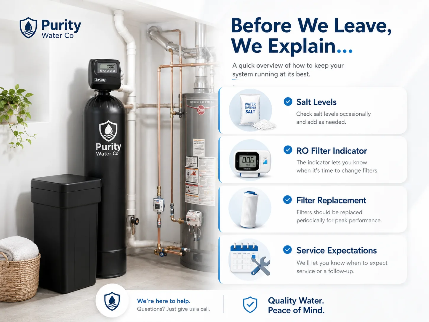 Purity maintenance overview showing salt levels, RO filter indicator, filter replacement, and service expectations