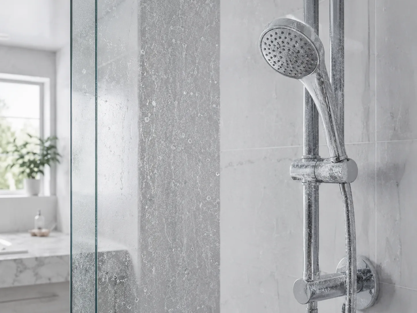 Shower glass and showerhead with visible hard-water spotting and scale buildup