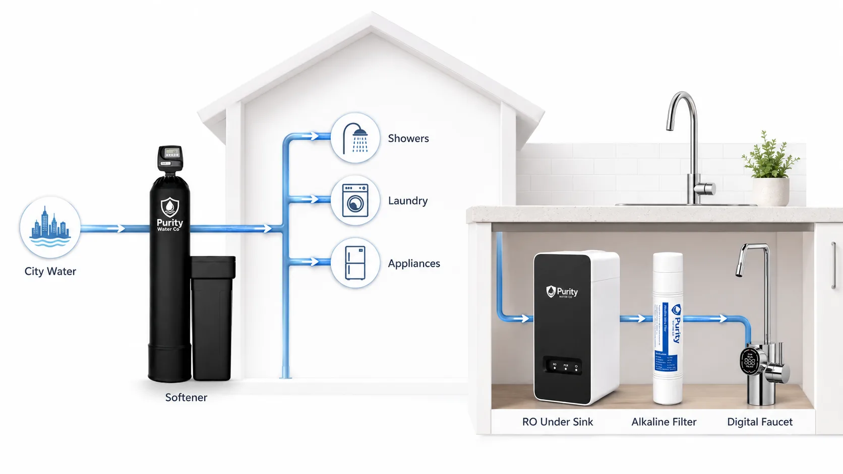 Diagram showing city water flowing through the softener to showers, laundry, and appliances, then through reverse osmosis, an alkaline filter, and a digital faucet