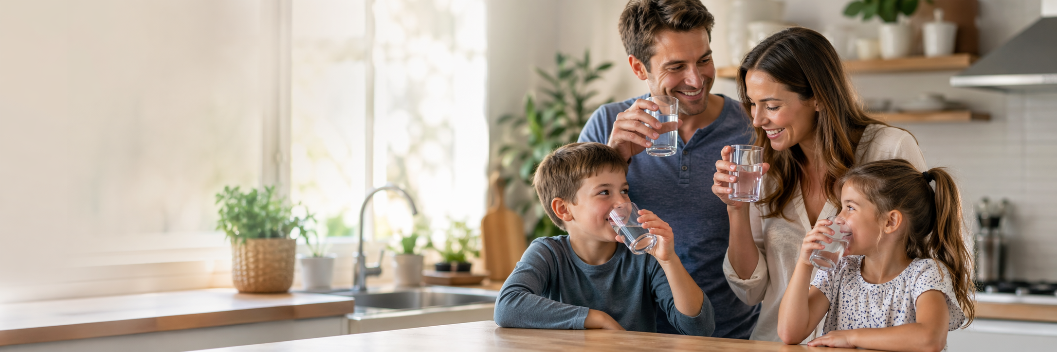 Family enjoying cleaner water together in a bright kitchen