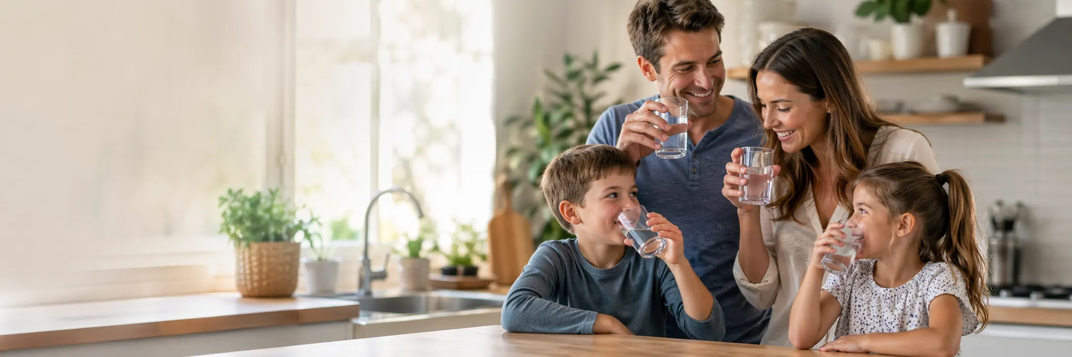 Family drinking healthy water together in a bright kitchen