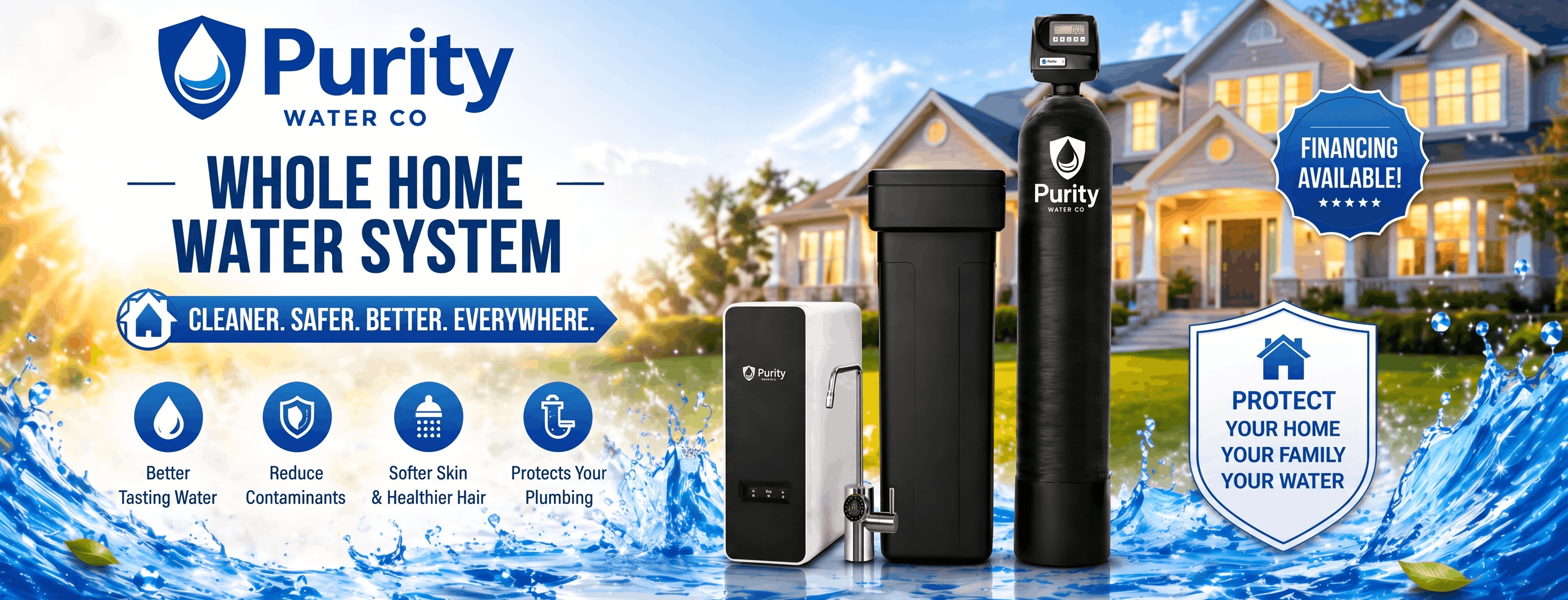 Purity Water Co whole home water system with home, financing, and water benefits