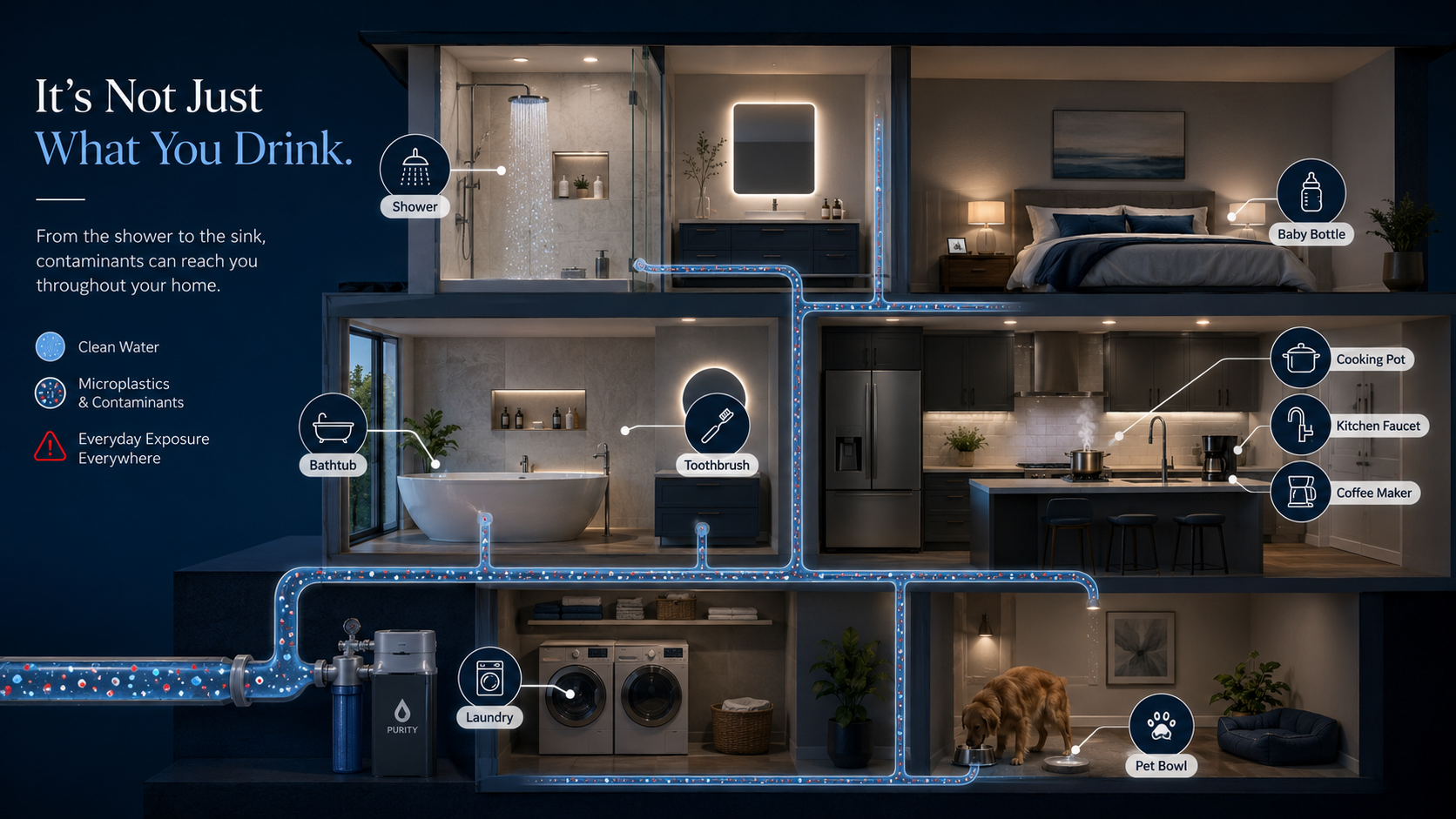 Visual showing water exposure pathways through drinking, cooking, bathing, and home use