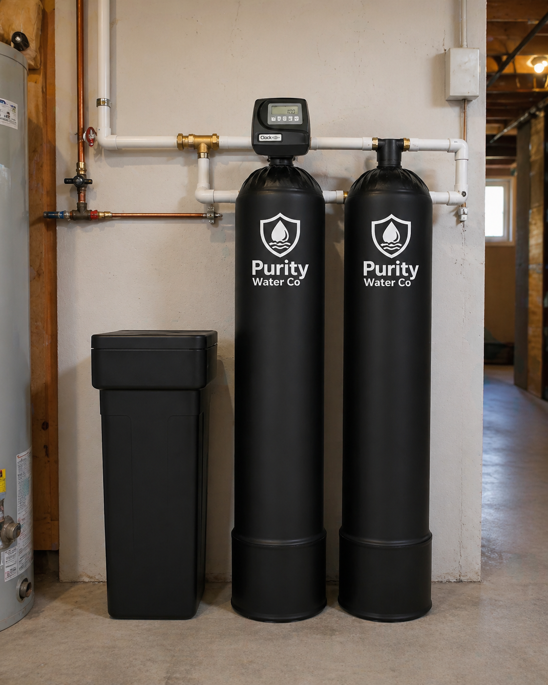 Purity softener installation with clean service access