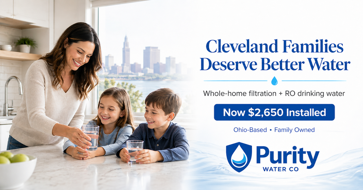 Cleveland family drinking water with Purity Water Co branding